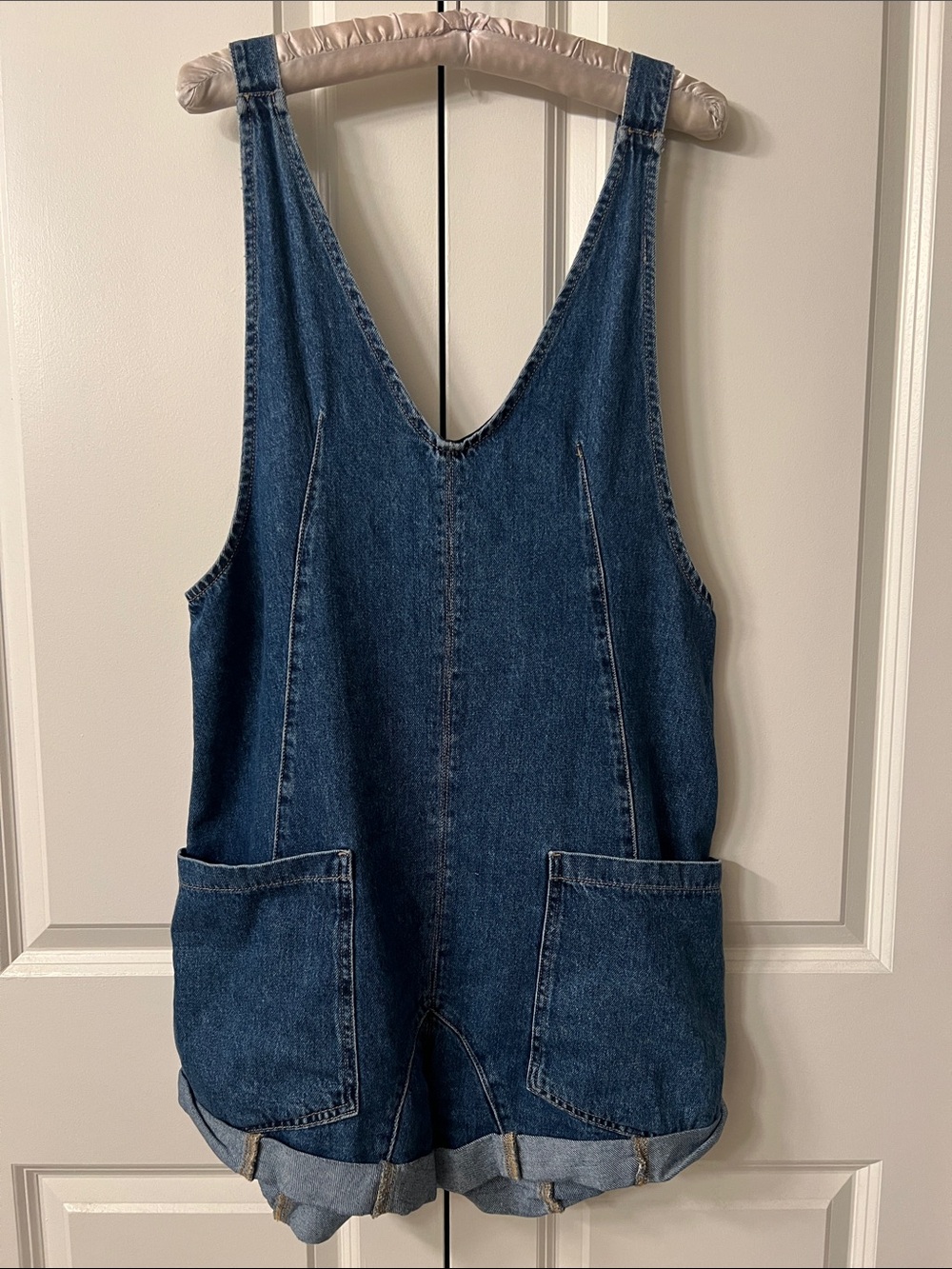 We The Free Dark Blue Denim Women's Short Overalls with Front Patch Pockets